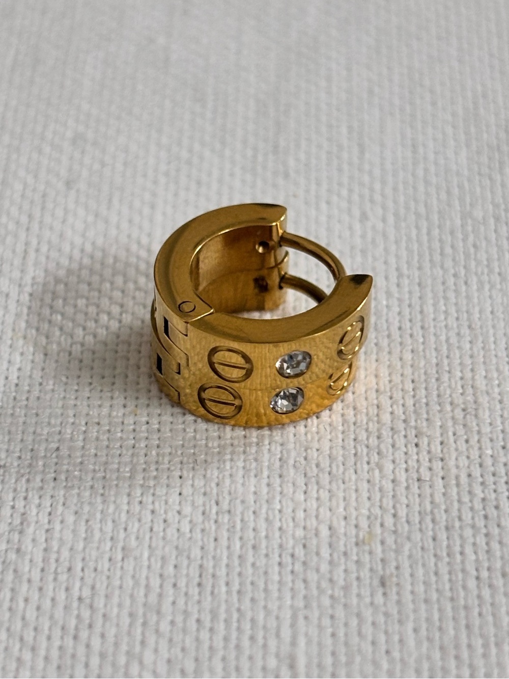 Gold 9mm Huggie Hoop Earring With Screw Motifs and CZ Accent